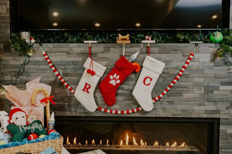 Christmas stockings hanging by the fireplace.